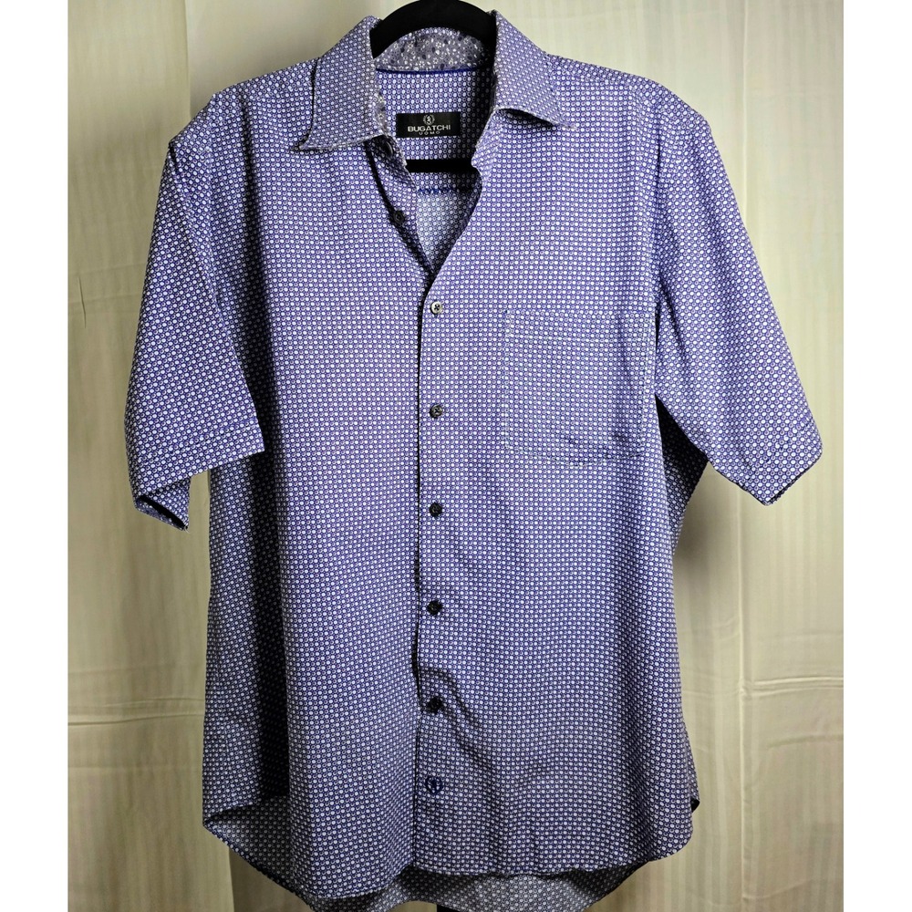 Bugatchi Uomo Men's XL Shirt Short Sleeve‎ Cotton Button Up Blue Circles Casual
